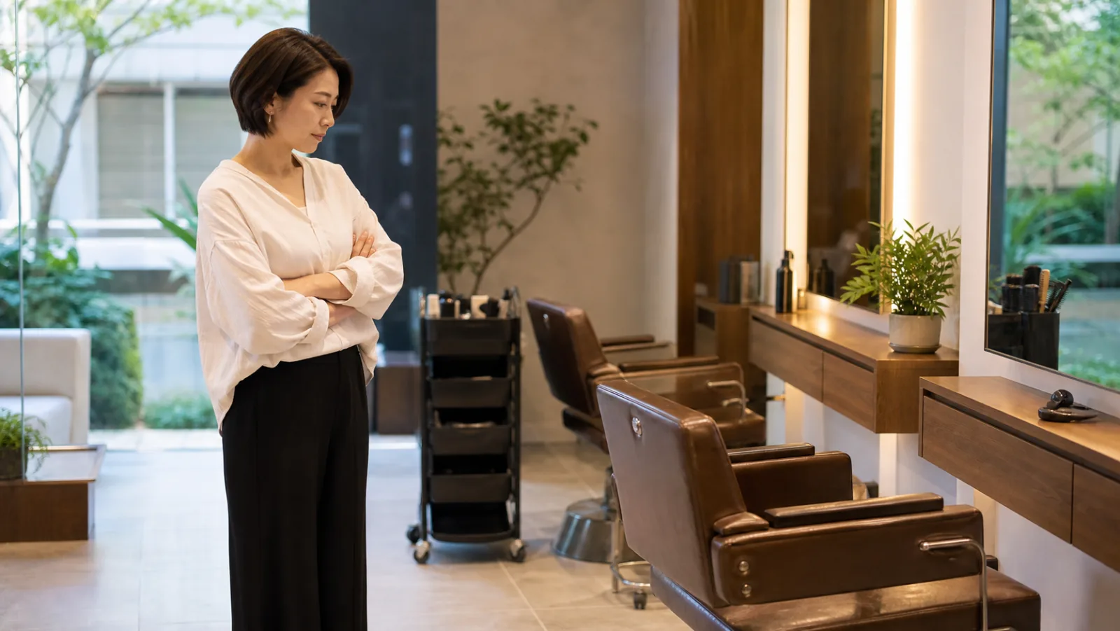 台灣髮廊內，一位30歲左右的台灣女性設計師正面帶愁容地站在空置的工作椅旁，手持手機檢視顧客訊息