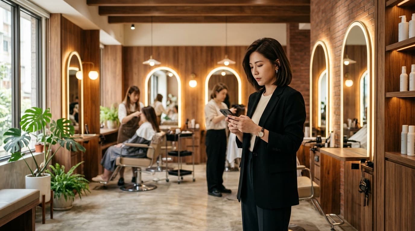 台灣美髮沙龍內，店長正若有所思地看著手機，背景為充滿質感且光線柔和的時尚沙龍空間