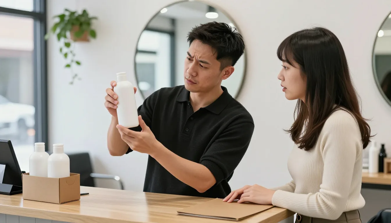 台灣沙龍櫃檯前，一位年輕男設計師舉起一瓶完全沒有任何標示的白色瓶裝產品皺眉端詳，女性同事靠在檯面旁看著瓶子說話，檯上放著裝有素面瓶子的紙箱與一份牛皮紙資料夾。