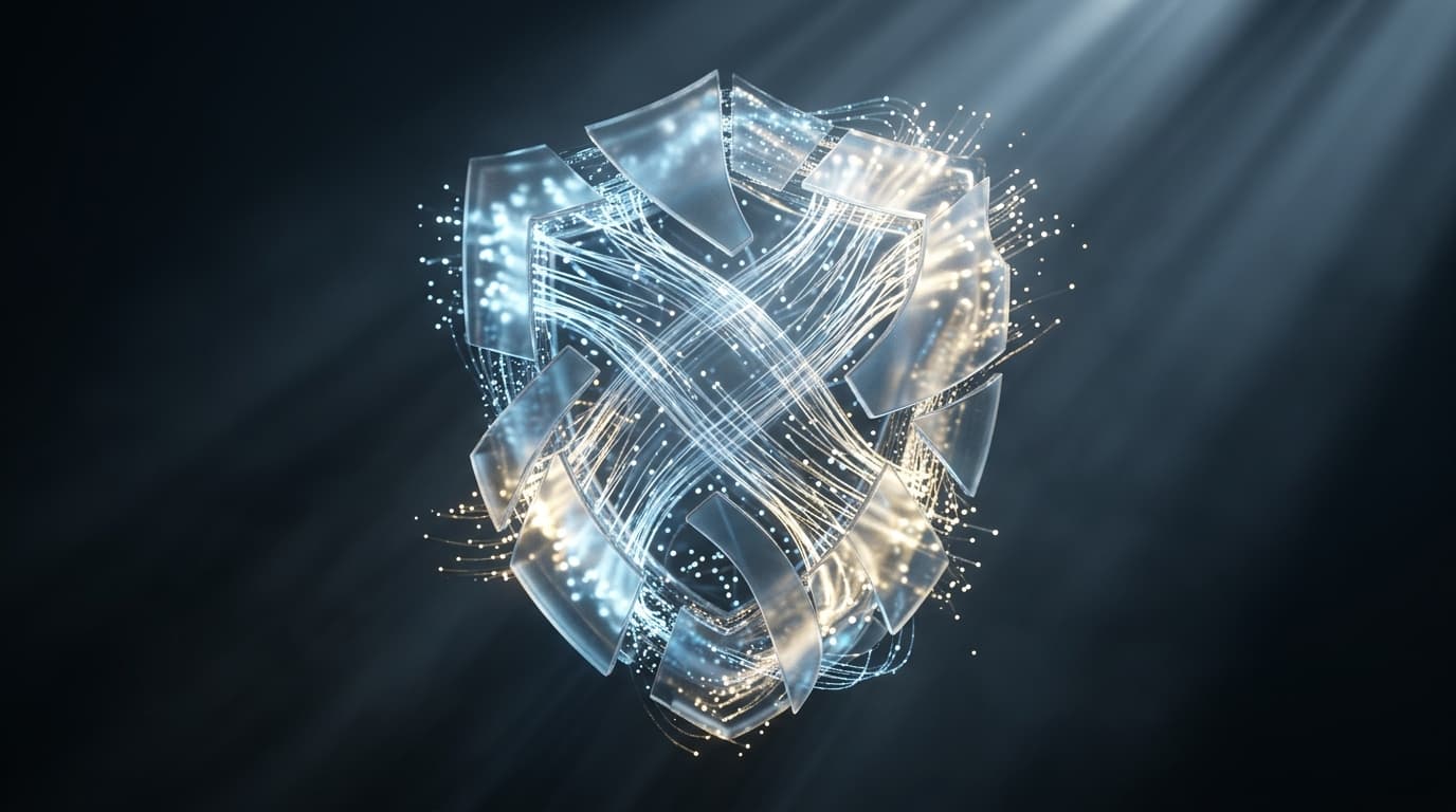 NEXT X Insights 封面：AI 安全沙盒隔離與資料防禦抽象雕塑