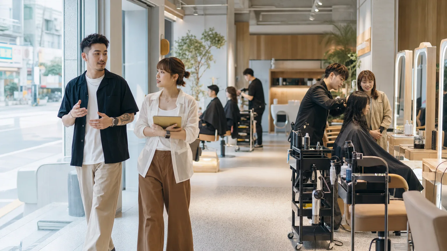 明亮的台灣城市髮廊裡，年輕店長與同事走過正在服務顧客的工作區，討論整體店務流程