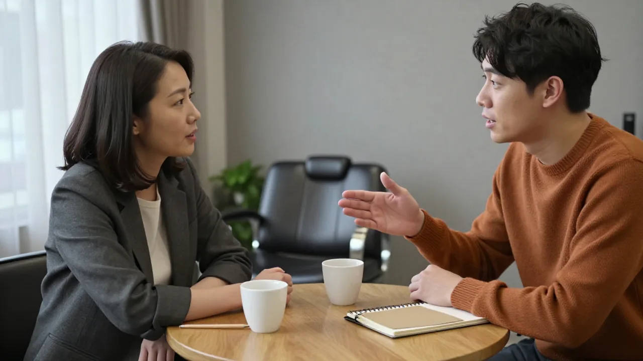 髮廊角落的中景側拍。穿炭灰色西裝外套、留深色及肩短髮的女店長坐在木質小圓桌左側，前臂靠在桌上專心聽對方說話；右側穿磚橘色針織衫的男設計師攤開右手邊說邊比，左手放在一本闔起來的牛皮紙封面線圈筆記本旁。桌上有兩個白色瓷杯和一支鉛筆，後方是灰色牆面與一張空著的黑色美髮椅。