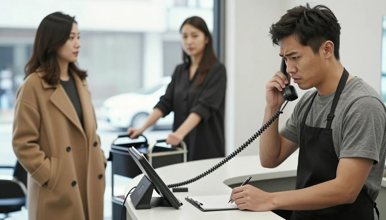 台灣沙龍櫃檯人員一手夾著話筒、一手握筆抄寫，等候的客人站在一旁，設計師推著推車經過。