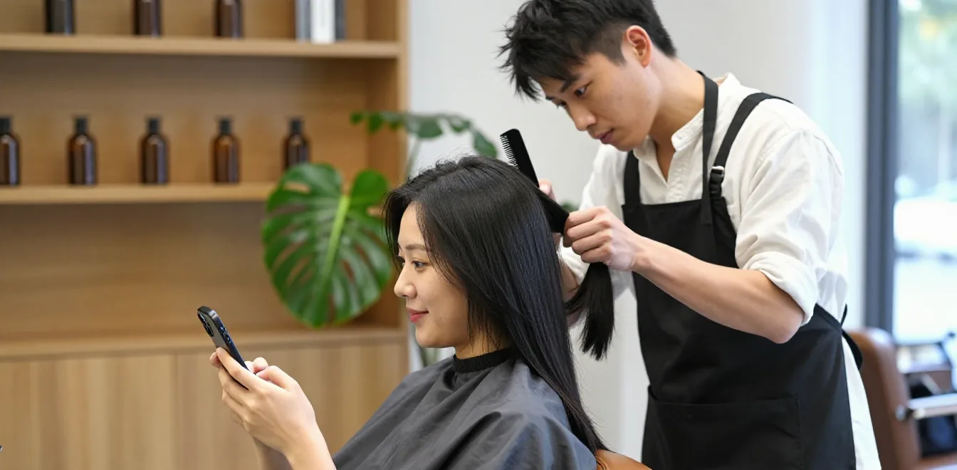 髮廊內的中景側拍，一位留黑色長直髮、披深灰色圍布的年輕女客人坐在皮革美髮椅上低頭看手機並微笑，手機背面朝向鏡頭；身後穿白襯衫與黑圍裙的男設計師一手拿梳子、一手握著她的一束頭髮，專注地側身傾聽。