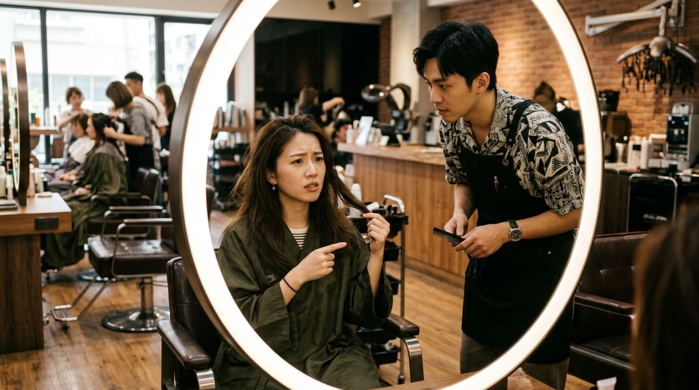 台灣當代美髮沙龍內，一位年輕台灣女性顧客坐在鏡前整理略顯蓬亂的長髮，面帶疑惑地與身旁的設計師討論，表現出對於日常整理與鬆弛感造型的諮詢情境。