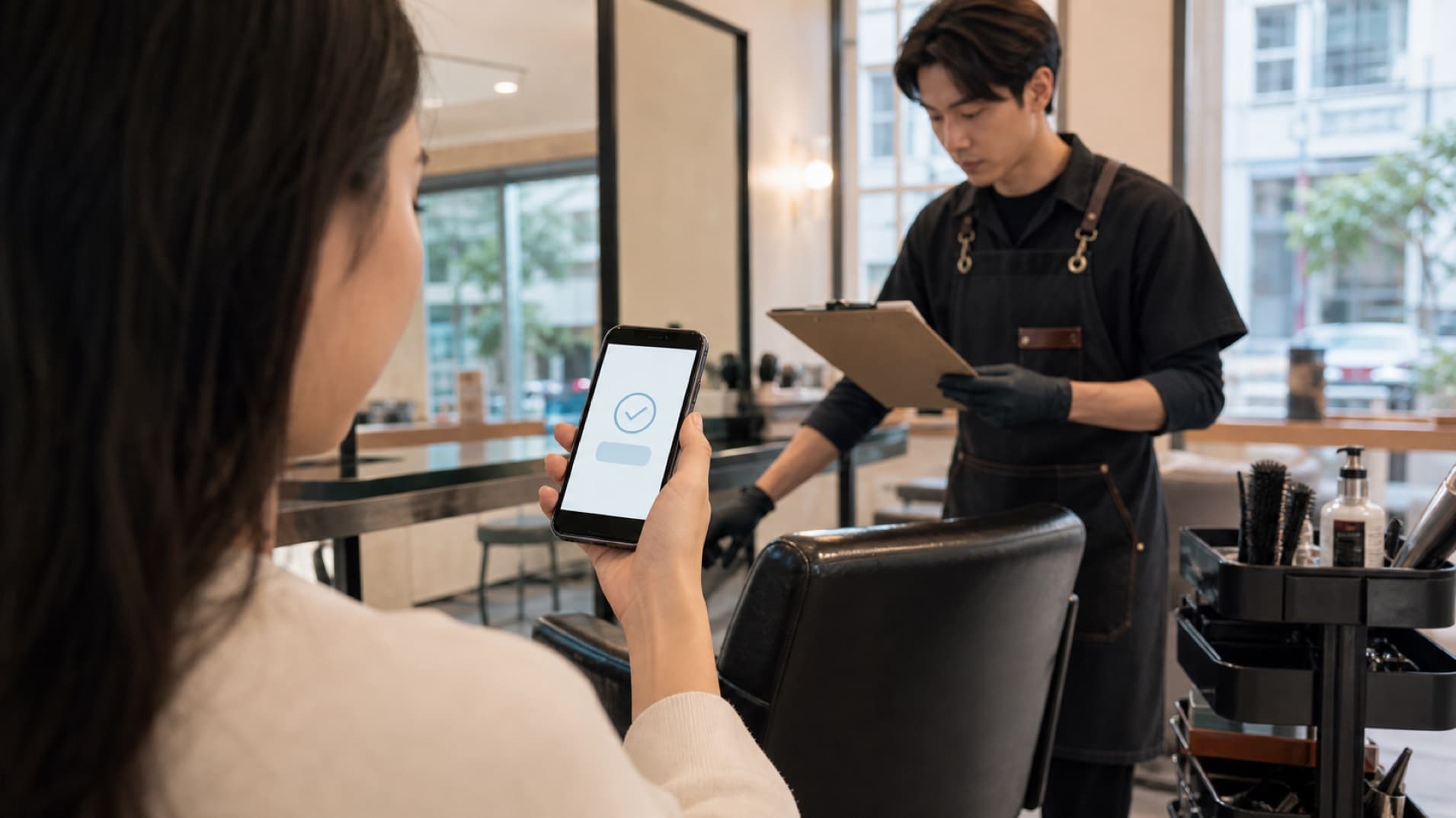 顧客手機顯示預約完成，台灣髮型師同步準備服務座位