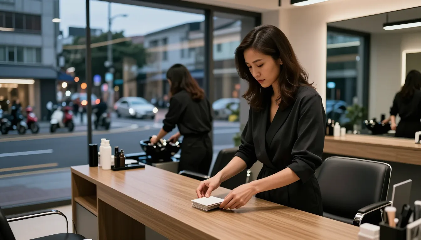 台北巷弄現代髮廊傍晚時分的廣角環境照，一位三十出頭的台灣女性主理人站在淺色木質中島工作檯旁，身體四分之三側向鏡頭、低頭以雙手整理一小疊全白空白卡片，後方另一位設計師背對鏡頭在洗髮區工作，落地窗外是虛化的台北街景與機車。