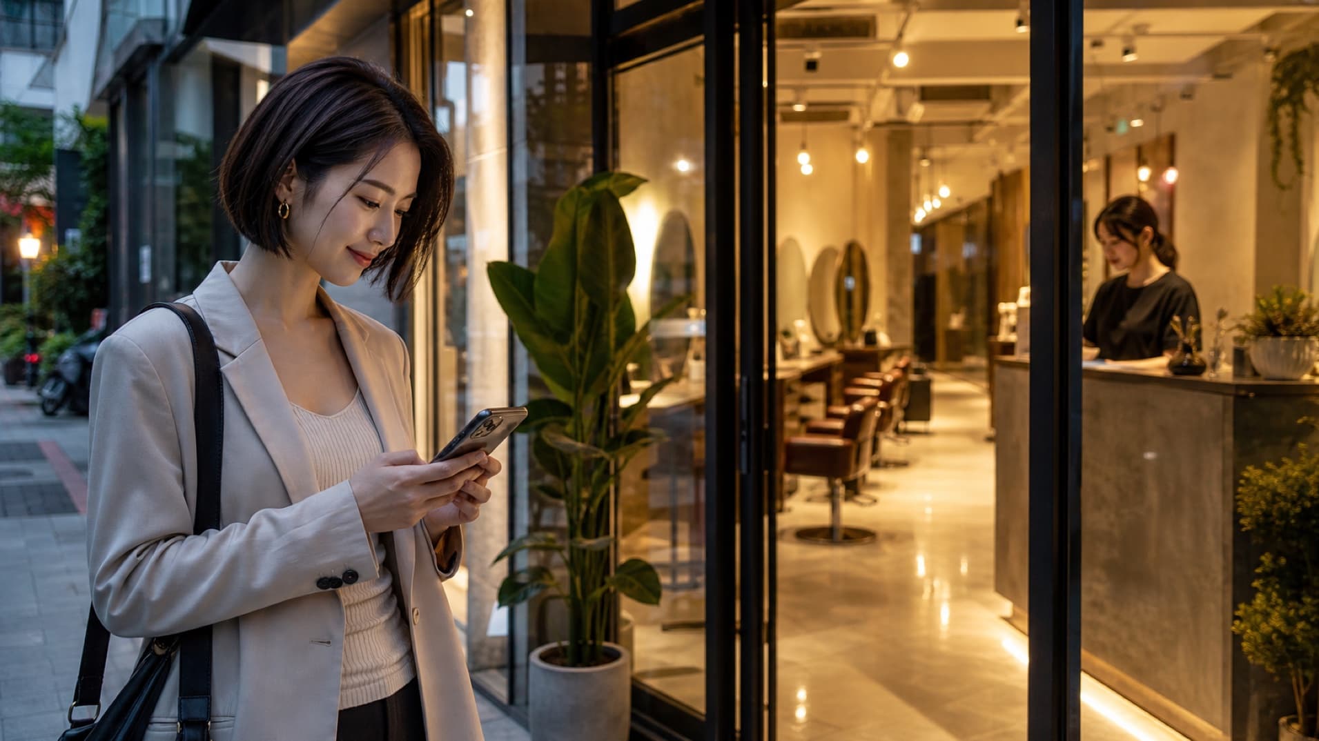 台北都會沙龍外，一位台灣女性查看手機並準備進店預約