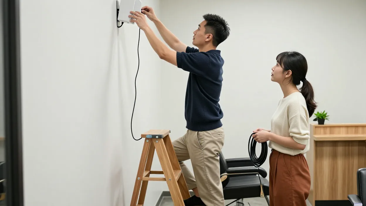 開店前的髮廊中景側拍。穿深藍針織 POLO 衫與卡其褲的男店主踩在木製人字梯上，雙手伸高調整固定在白牆上的白色小喇叭，一條黑色喇叭線沿著牆面垂下；綁低馬尾、穿米白針織上衣與鐵鏽色寬褲的女同事站在梯子旁抬頭看著，雙手拿著一捲黑色線材，後方是黑色美髮椅與淺木色櫃檯。